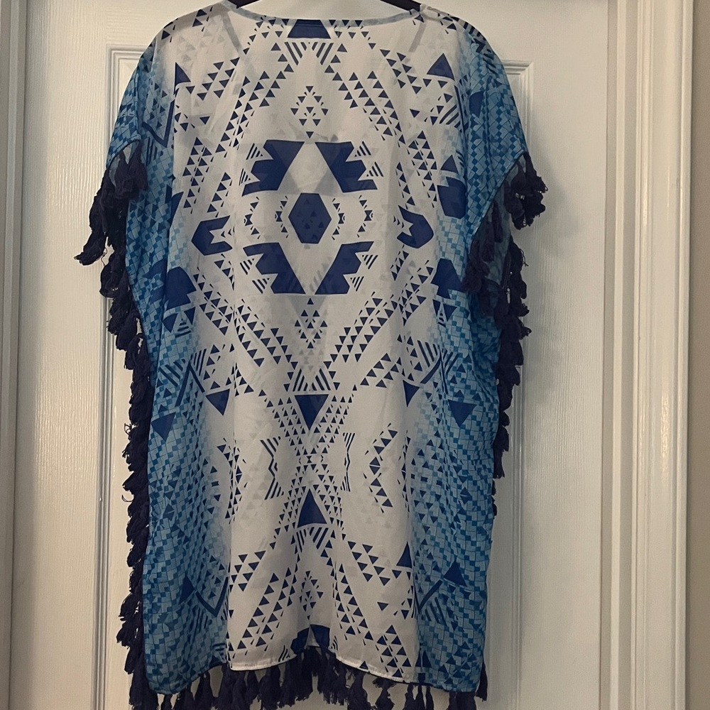 Cupshe White and Blue Geometric Tassel Swim Coverup - Picture 4 of 4